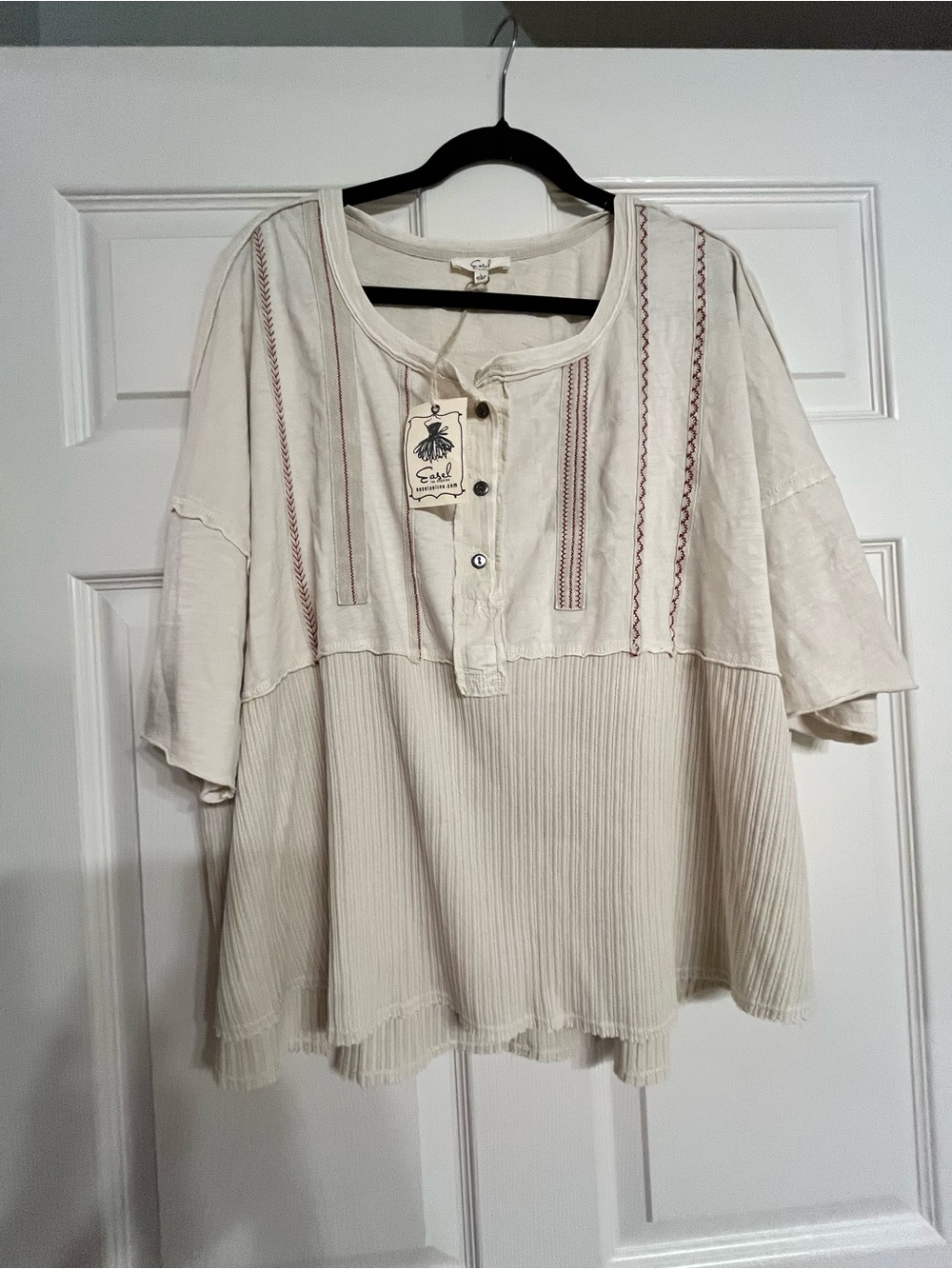 easel Cream Peasant Top with Red Embroidered Accents
